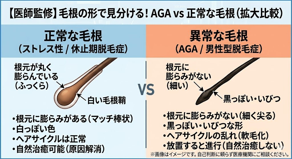 正常な毛根と異常な毛根(AGA)の拡大比較図(ふっくらした形と細く尖った形の違い)