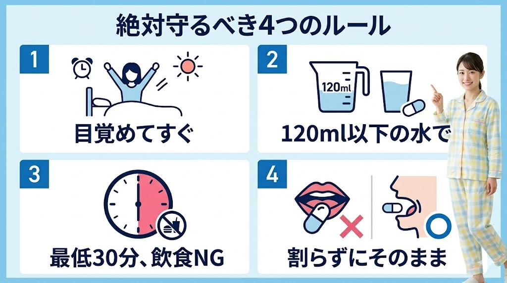 リベルサスの正しい飲み方に関するインフォグラフィック。起床時、120ml以下の少量の水、30分以上の絶食、噛まずにそのまま飲み込むという「絶対守るべき4つのルール」を、笑顔の女性(パジャマ姿)が指差して説明している。