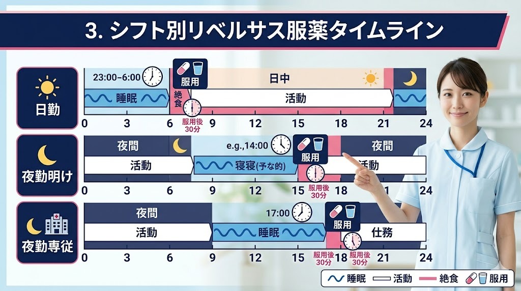 リベルサスの服用タイミングをシフト別に示すクリーンなタイムライン図。日勤、夜勤明け、夜勤専従の3本の横方向タイムラインがあり、それぞれ睡眠(青の波線)、絶食(ピンクの線)、活動(白の線)が時間帯ごとに色分けされている。各シフトの起床タイミング(日勤6:00、夜勤明け14:00、夜勤専従17:00)に、錠剤とコップのアイコンで服用ポイントが示されている。看護師の女性(image_4.pngと同じ)が、夜勤明けの服用ポイントを指差して説明している。