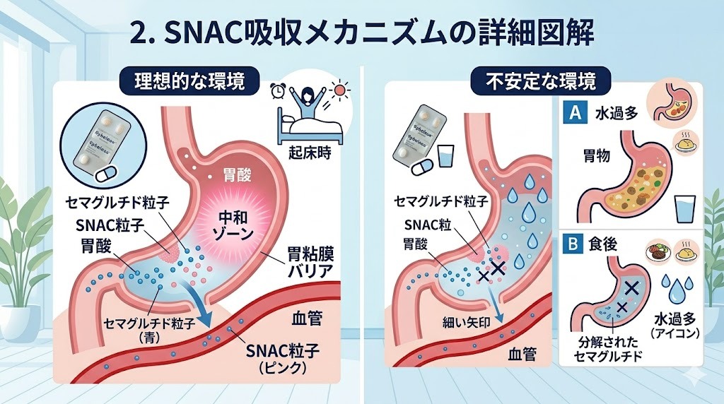 リベルサスに配合された吸収促進剤SNAC(ピンクの粒子)が胃でどのように働くかを説明する詳細な医療インフォグラフィック。左側は理想的な環境で、SNACが胃酸を中和し(中和ゾーン)、胃粘膜バリアを緩め、セマグルチド(青の粒子)が分解されずに血管へ吸収される。右側は不安定な環境で、水過多や食後により胃の中の環境が変化し、セマグルチドが分解され、血管への吸収が減少する様子を描写している。