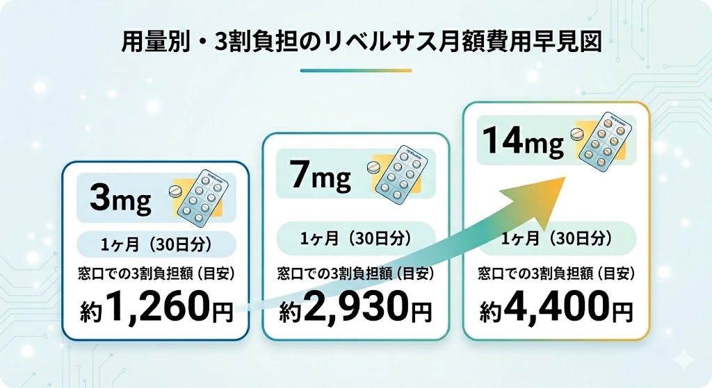 リベルサス用量別・3割負担の月額費用早見図。3mg(約1,260円)、7mg(約2,930円)、14mg(約4,400円)の1ヶ月(30日分)の窓口負担額の目安を、段階的な階段図と上向き矢印で視覚化。