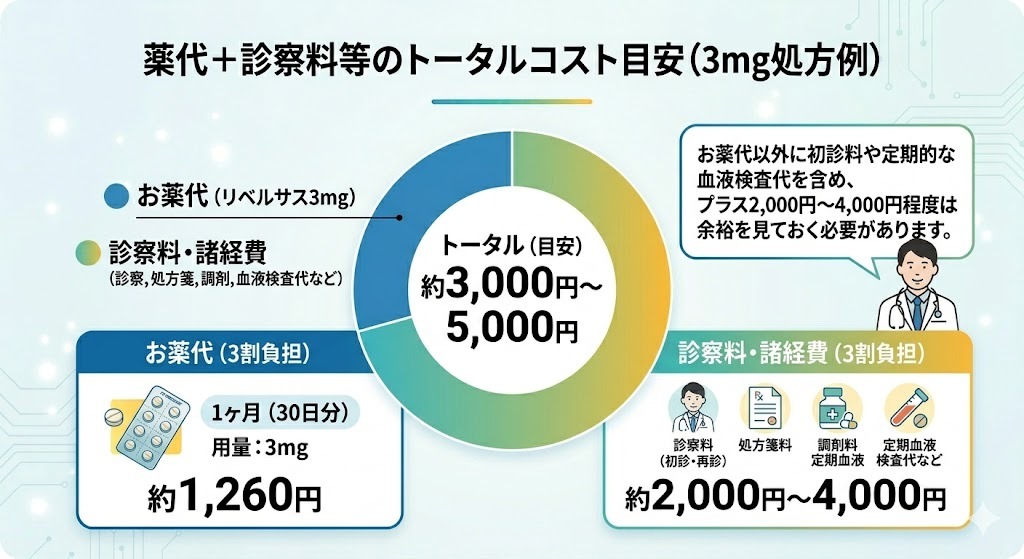 薬代と診察料を含めたトータルコスト目安(3mg処方例)の円グラフ。お薬代(リベルサス3mg)と診察料・諸経費の構成比、トータル月額目安(約3,000円〜5,000円)、そして医師のアイコンを添えた構成図。診察料や検査代の追加負担についても医師が解説。