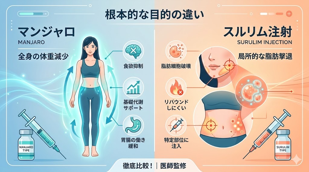 マンジャロとスルリム注射の根本的な目的の違いを解説する比較図。左側は青を基調に全身の体重減少（食欲抑制・代謝サポート）、右側はオレンジを基調に局所的な脂肪撃退（脂肪細胞破壊・アゴ下や下腹）の仕組みをイラストで示している。