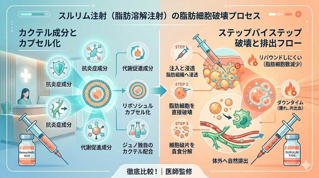 スルリム注射（脂肪溶解注射）が脂肪細胞を破壊し体外へ排出するプロセスを示す図解。STEP1で薬剤が脂肪組織へ浸透、STEP2で脂肪細胞膜を直接破壊、STEP3で細胞破片を貪食分解、最後に体外へ自然排出されるフローを、ジュノビューティークリニックのカクテル成分（Deoxycholic Acid、抗炎症成分など）のイラストと共に解説。リバウンドしにくさやダウンタイムについても言及。