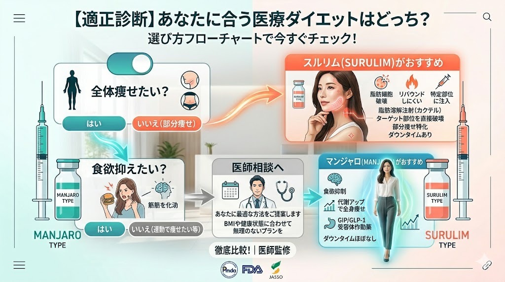 あなたに合う医療ダイエットを診断する選び方フローチャート。【適正診断】「全体痩せたい？」から始まり、「はい」なら「食欲抑えたい？」へ、「いいえ（部分痩せ）」ならオレンジ色の「スルリム（SURULIM）がおすすめ」パネルへ誘導。「食欲抑えたい？」で「はい」なら青色の「マンジャロ（MANJARO）がおすすめ」パネルへ、「いいえ（運動で痩せたい等）」ならグレーの「医師相談へ」パネルへ誘導する。