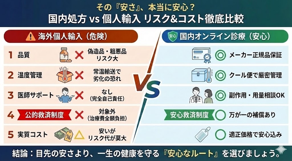 海外個人輸入(危険)と国内オンライン診療(安心)の比較表。品質・温度管理・医師サポート・公的救済制度・実質コストの5項目において、個人輸入のリスクの高さと国内処方の安全性を対比。