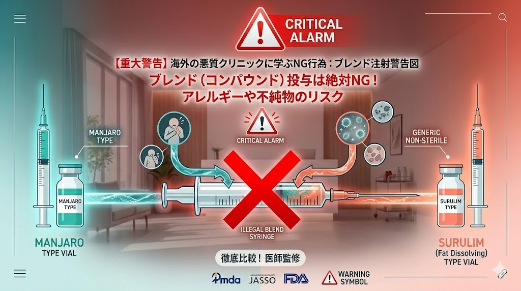 海外の悪質クリニックに学ぶNG行為として、ブレンド注射のリスクを警告する図。【重大警告】左側のマンジャロバイアルと右側の脂肪溶解バイアルの中身を、中央の大きな注射器で混ぜようとするイラストに、大きな赤色の「×」マークが重なっている。上部には「CRITICAL ALARM（深刻なアラーム）」の文字と警告アイコン、「ブレンド（コンパウンド）投与は絶対NG！アレルギーや不純物のリスク」の赤文字テキスト。