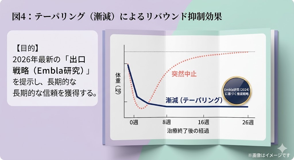 テーパリング（漸減）によるリバウンド抑制効果の比較グラフ。2026年最新のEmbla研究に基づき、突然の中止による体重リバウンドと、漸減による体重維持（出口戦略）の差を比較。