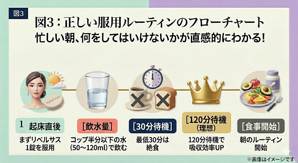 リベルサスの正しい服用ルーティンのフローチャート。1.起床直後に服用、2.水は50〜120ml、3.最低30分（理想は120分）は飲食禁止、5.朝食開始、という手順をアイコンで説明。