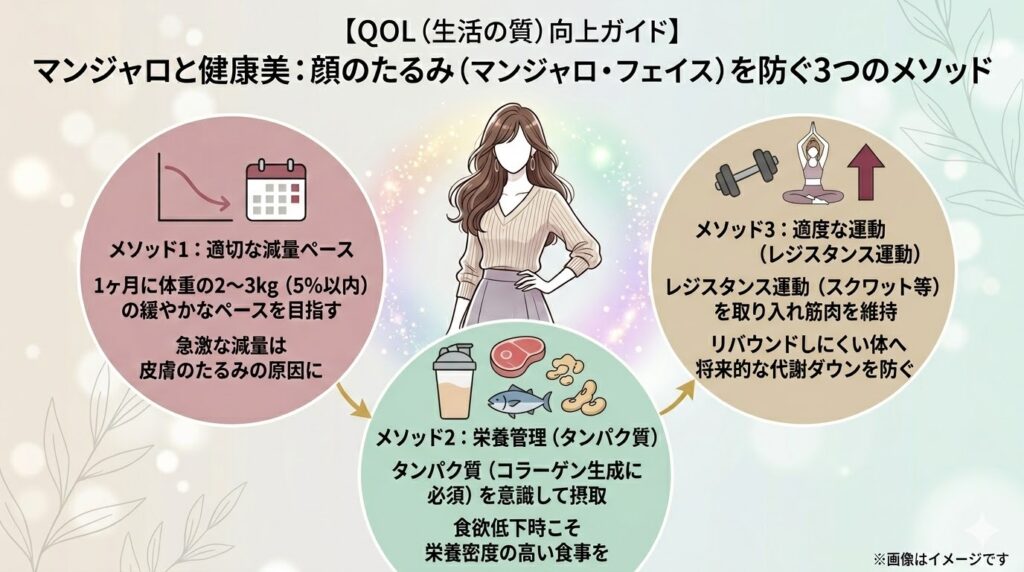 マンジャロ使用時の顔のたるみを防ぐ3つのメソッド。1.月2〜3kgの緩やかな減量、2.タンパク質中心の栄養管理、3.筋肉を維持するレジスタンス運動（スクワット等）によるQOL向上ガイド。