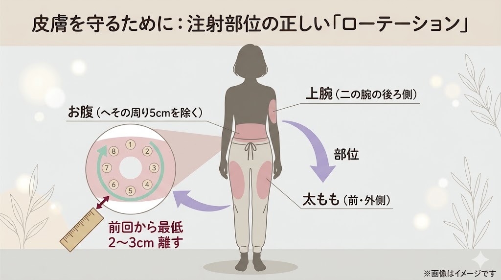 皮膚を守るためのマンジャロ注射部位ローテーション解説図。お腹（へそ周り5cm以外）、上腕、太ももの推奨部位と、前回から2〜3cm離して時計回りに打つ8箇所のローテーション順序の説明。