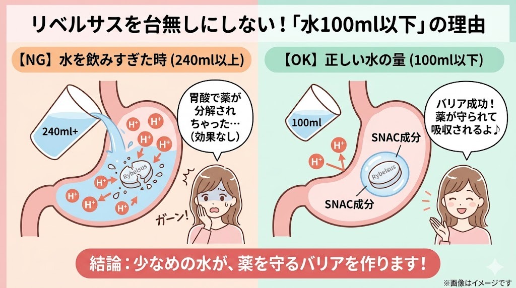 リベルサスの服用における水の量の影響を比較したイラスト。100ml以下の少量の水ではSNAC成分がバリアを作り薬を胃酸から守って吸収を助けますが、240ml以上の多すぎる水ではバリアが機能せず胃酸で薬が分解され、効果がなくなる仕組みを解説しています。