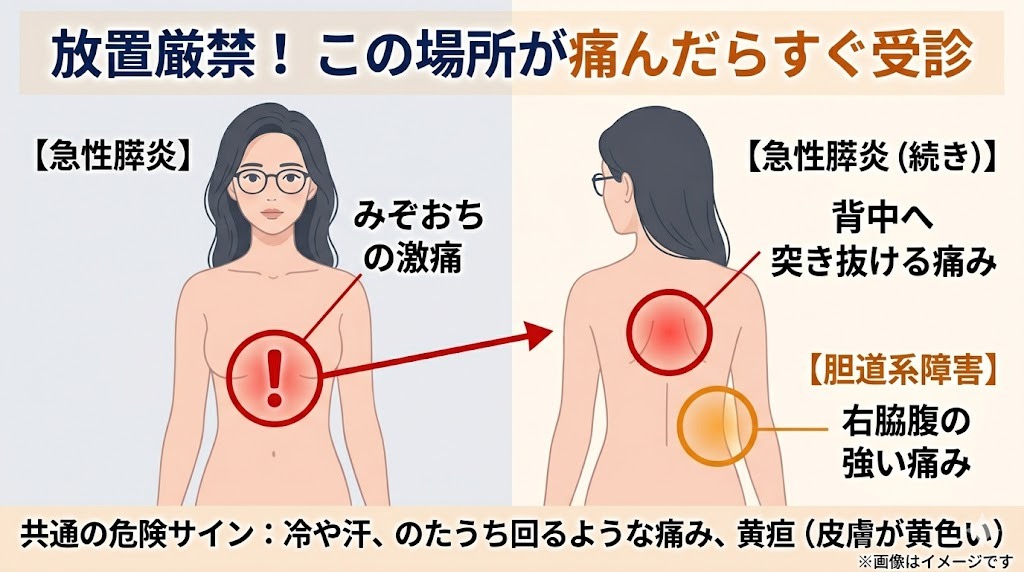 直ちに受診が必要な重大な副作用の症状を示すイラスト。急性膵炎による「みぞおちの激痛」や「背中へ突き抜ける痛み」、胆道系障害による「右脇腹の強い痛み」の部位を図解。共通の危険サインとして冷や汗、のたうち回るような痛み、黄疸も挙げています。