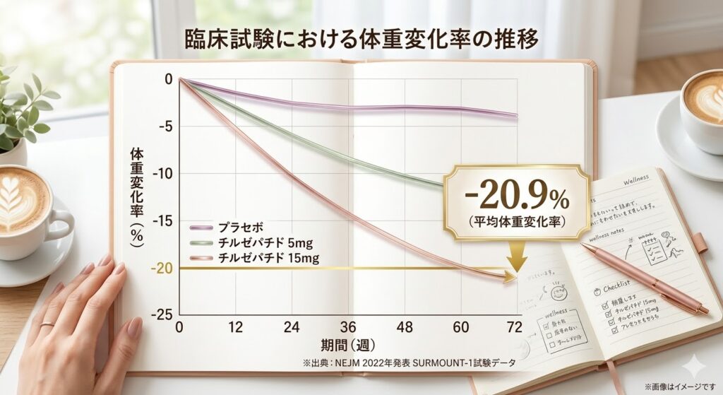 マンジャロ(チルゼパチド)の臨床試験「SURMOUNT-1」における、72週間での体重変化率(最大-20.9%)の推移グラフ