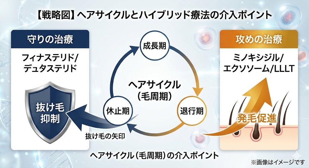 AGA治療の戦略図。フィナステリド等による抜け毛抑制（守り）と、ミノキシジルやエクソソーム等による発毛促進（攻め）のメカニズム図解
