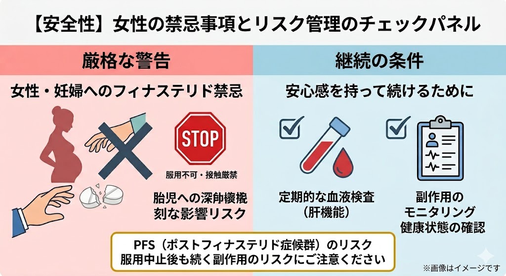薄毛治療のリスク管理図。女性・妊婦へのフィナステリド禁忌、定期的な血液検査の重要性、ポストフィナステリド症候群（PFS）への注意喚起