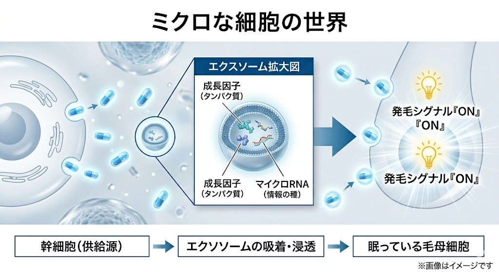 幹細胞から分泌されたエクソソーム内の成長因子やマイクロRNAが、眠っている毛母細胞の発毛シグナルをONにするプロセスの解説図