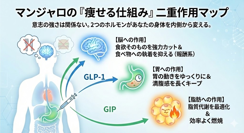 マンジャロの「痩せる仕組み」二重作用マップ。GLP-1とGIPの2つのホルモンが身体に与える影響を図解。脳(食欲カット)、胃(満腹感のキープ)、脂肪(脂質代謝の最適化と燃焼)という3つの作用ルートが示されている。
