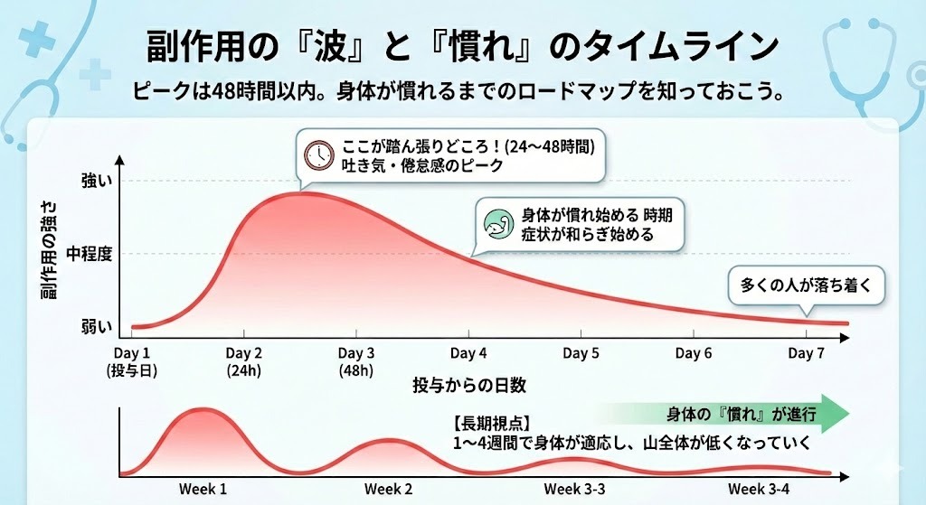 副作用の「波」と「慣れ」のタイムライン。投与後24〜48時間が吐き気や倦怠感のピークであり、その後7日間かけて落ち着いていく様子をグラフで表示。また、長期視点では1〜4週間かけて身体が適応し、副作用の山が低くなっていく様子が示されている。