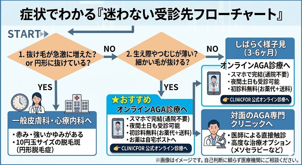 抜け毛の症状でわかる迷わない受診先フローチャート（一般皮膚科・オンラインAGA診療・対面クリニック）