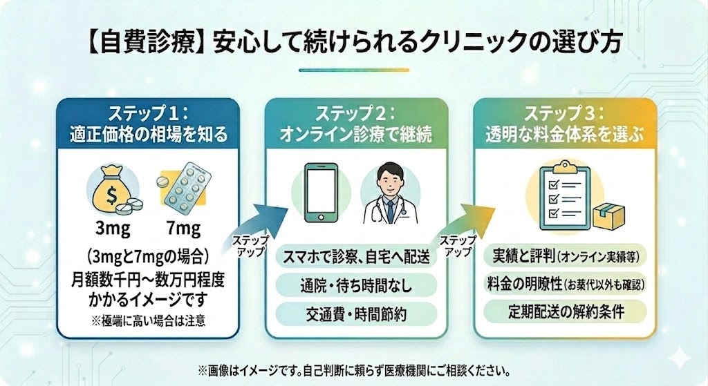 【自費診療】安心して続けられるクリニックの選び方を3つのステップで紹介するインフォグラフィック。ステップ1：適正価格の相場を知る（3mg約8,000円〜10,000円、7mg約15,000円〜20,000円）。ステップ2：オンライン診療で継続（利便性と配送）。ステップ3：透明な料金体系を選ぶ（実績と評判、解約条件）。