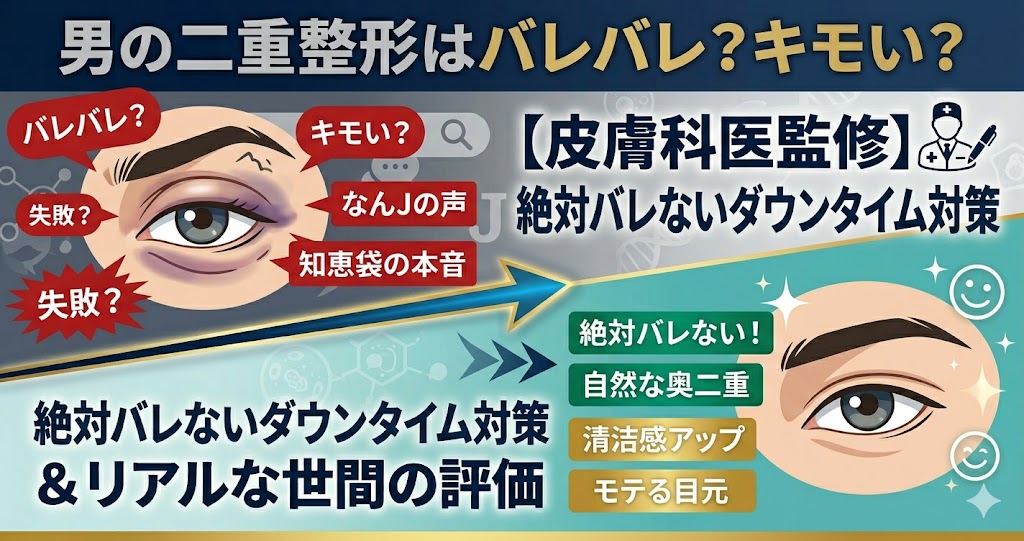 【皮膚科医監修】男の二重整形はバレバレ？なんJ・知恵袋のリアルな評判とバレるリスクを軽減するダウンタイム対策