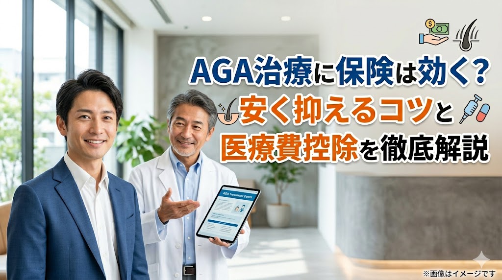 AGA治療の保険適用と医療費控除についての解説記事アイキャッチ画像。医師が患者にタブレットで費用を説明している様子と、「AGA治療に保険は効く？安く抑えるコツと医療費控除を徹底解説」というタイトルテキスト。