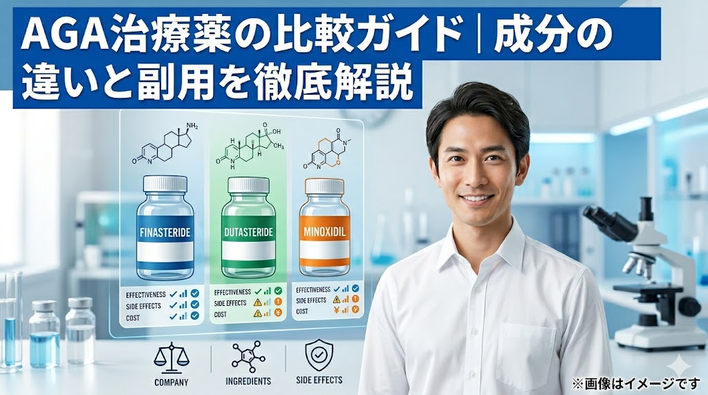 AGA治療薬の比較ガイド。フィナステリド、デュタステリド、ミノキシジルの3つの薬剤成分と、それぞれの効果・副作用・コストの指標を示すインフォグラフィック画像。