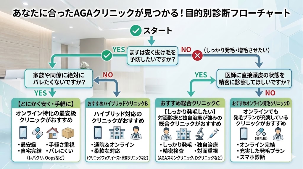 あなたに合ったAGAクリニックが1秒でわかる目的別診断フローチャート