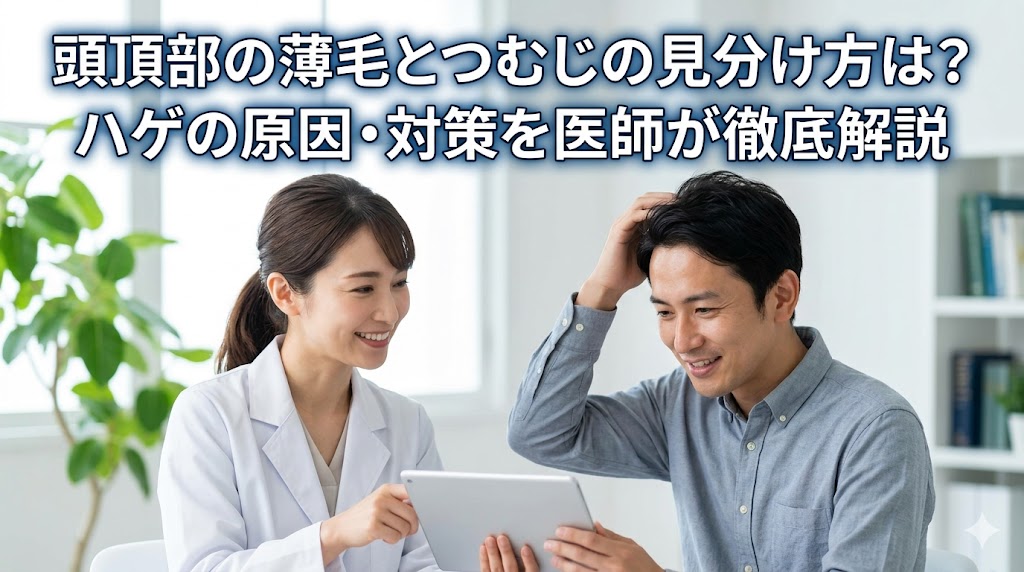 頭頂部の薄毛とつむじの見分け方について、医師が原因と対策を解説するバナー画像。