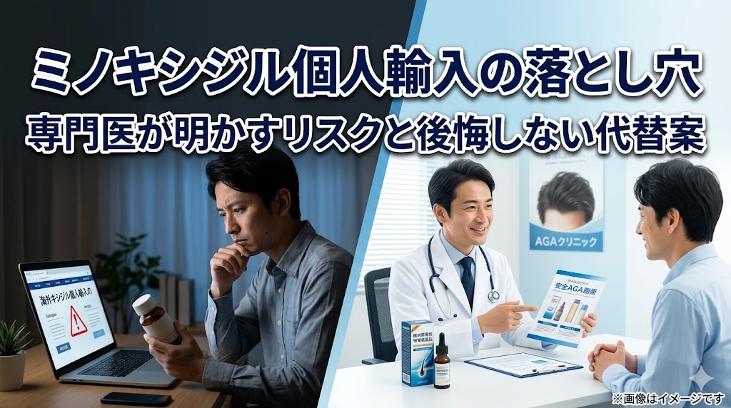 ミノキシジル個人輸入の落とし穴と代替案の解説。個人輸入で悩む男性と、国内クリニックで専門医から安全なAGA治療の提案を受ける男性を比較し、リスクを避けた治療の重要性を伝えています。