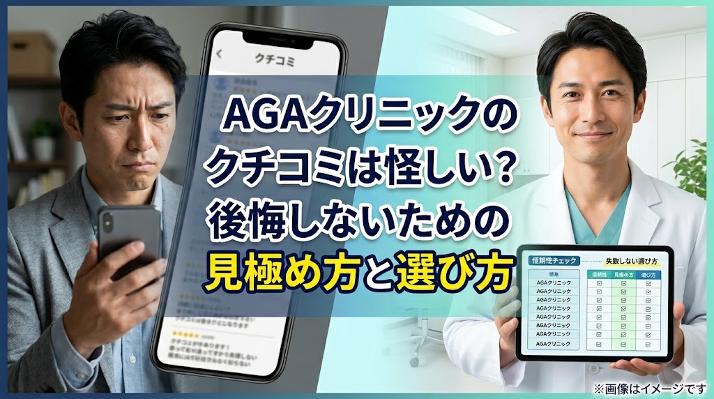 「AGAクリニックのクチコミは怪しい？後悔しないための見極め方と選び方」のアイキャッチ画像。スマホの口コミに悩む男性と、チェックリストを掲げる医師のイラスト。