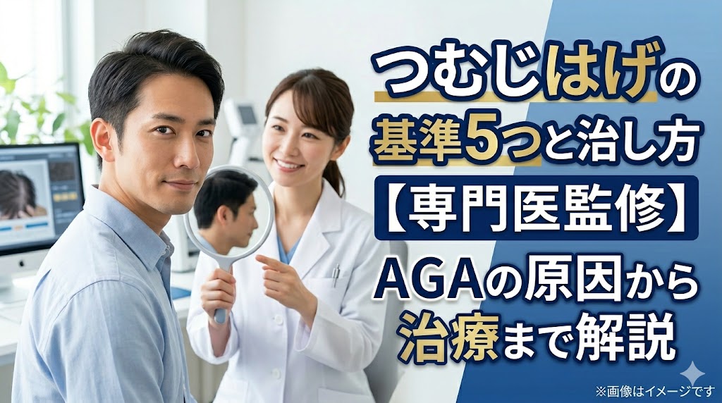 「つむじはげの基準5つと治し方」のタイトル画像。専門医監修のもと、AGAの原因から治療までを解説することを伝える。鏡で自分の頭頂部をチェックする男性と、それをサポートする女性医師のビジュアル。