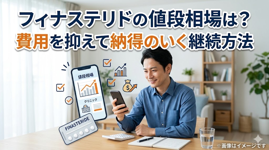 フィナステリドの値段相場と費用を抑えて継続する方法を解説するアイキャッチ画像。スマートフォンでクリニックの価格表を確認しながら笑顔で検討する男性と、フィナステリド錠剤のイメージ。