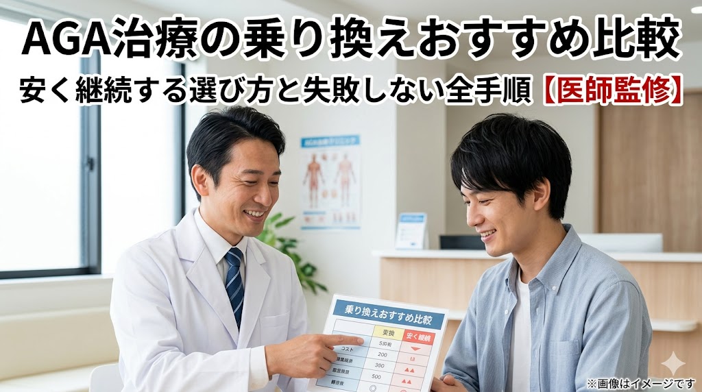 医師と患者が笑顔でAGA治療の乗り換え比較表を確認している様子。「安く継続する選び方と失敗しない全手順」というテキストが含まれた、医師監修のアイキャッチ画像。