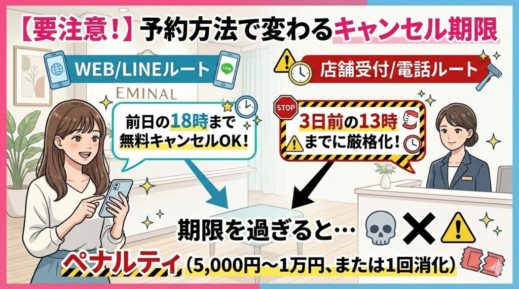 エミナルクリニックのキャンセル期限の違い(WEB予約と店舗受付予約の比較とペナルティ)