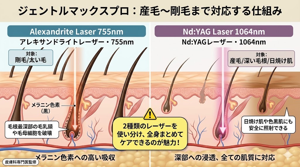 医療脱毛機器ジェントルマックスプロの仕組み図解。異なる波長（アレキサンドライトレーザー755nmとNdYAGレーザー1064nm）のレーザーが、メラニン量の異なる剛毛や産毛、深い毛根に効果的に作用する様子を示しています。皮膚科専門医監修。