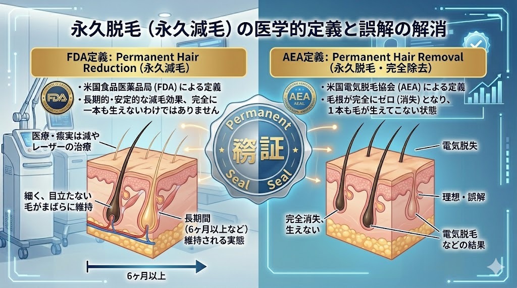 米国FDAとAEAの定義に基づく「永久脱毛(永久減毛)」の概念図解と長期的減毛効果の説明画像
