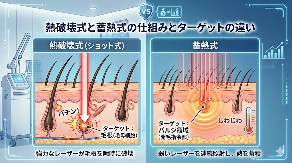 熱破壊式と蓄熱式レーザーの仕組みとターゲット(毛根・バルジ領域)の違いを図解