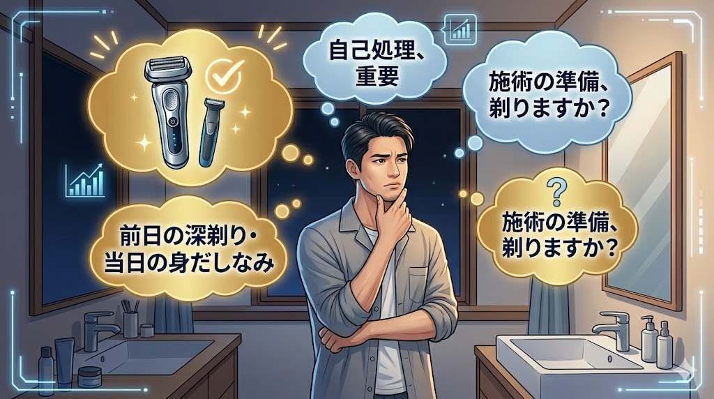 メンズ医療脱毛の施術準備として、自己処理(剃毛)の重要性と方法を視覚化したコンセプト画像