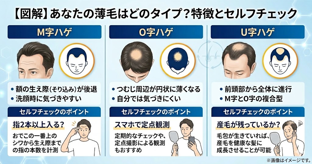 【図解】M字・O字・U字ハゲの特徴とセルフチェック方法（指の幅での測定やスマホでの定点観測など）