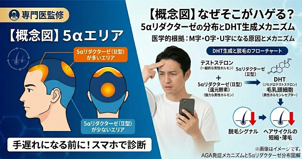 【概念図】M字やO字からハゲる原因。5αリダクターゼの分布エリアとDHT生成から脱毛に至るメカニズムのフローチャート