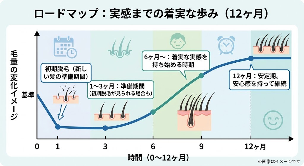 12ヶ月間の育毛ロードマップ。1ヶ月目の初期脱毛、1〜3ヶ月の準備期間、6ヶ月目からの実感期、12ヶ月目の安定期までの毛量変化グラフ。