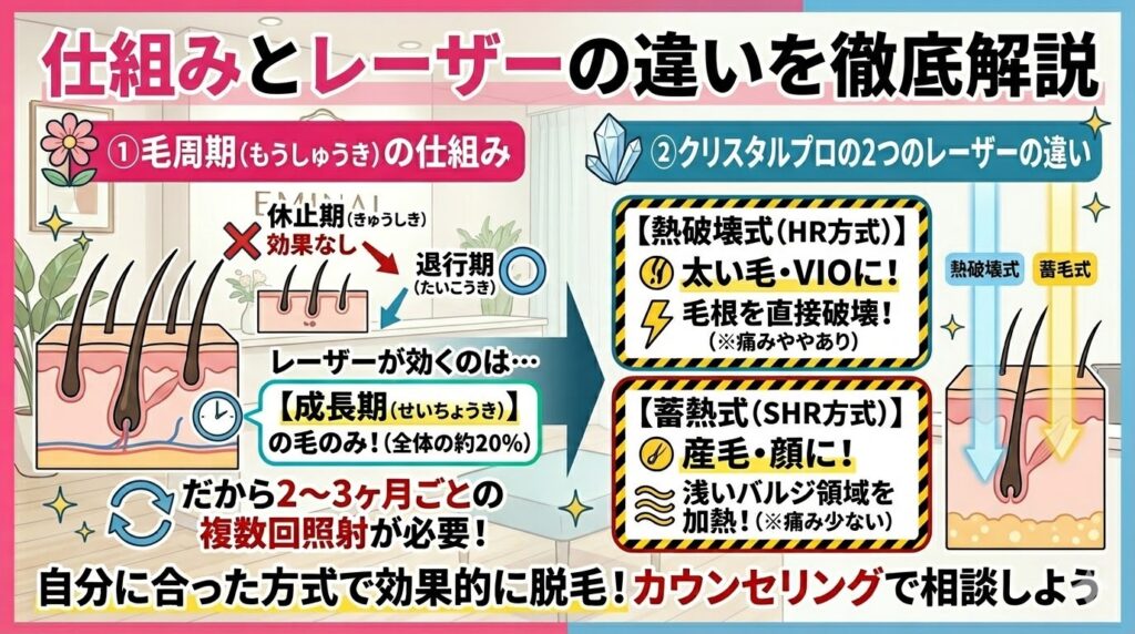 エミナルクリニックの脱毛効果の仕組み(毛周期とクリスタルプロの熱破壊式・蓄熱式レーザー図解)