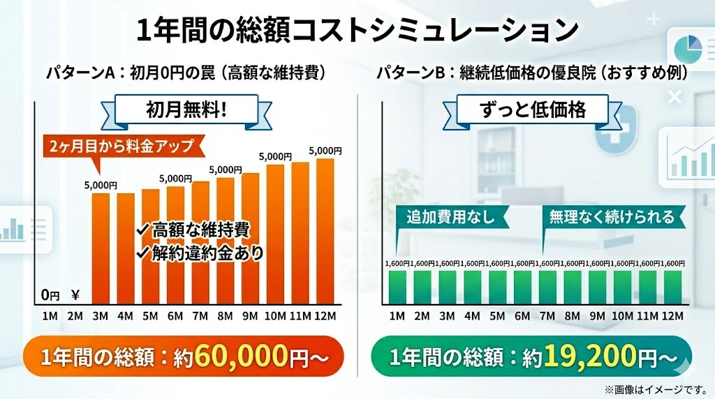 AGA治療費用の1年間総額シミュレーション比較グラフ。初月無料だが2ヶ月目から高額になるクリニック（約6万円）と、ずっと低価格（約1.9万円）で続けられるクリニックの比較。