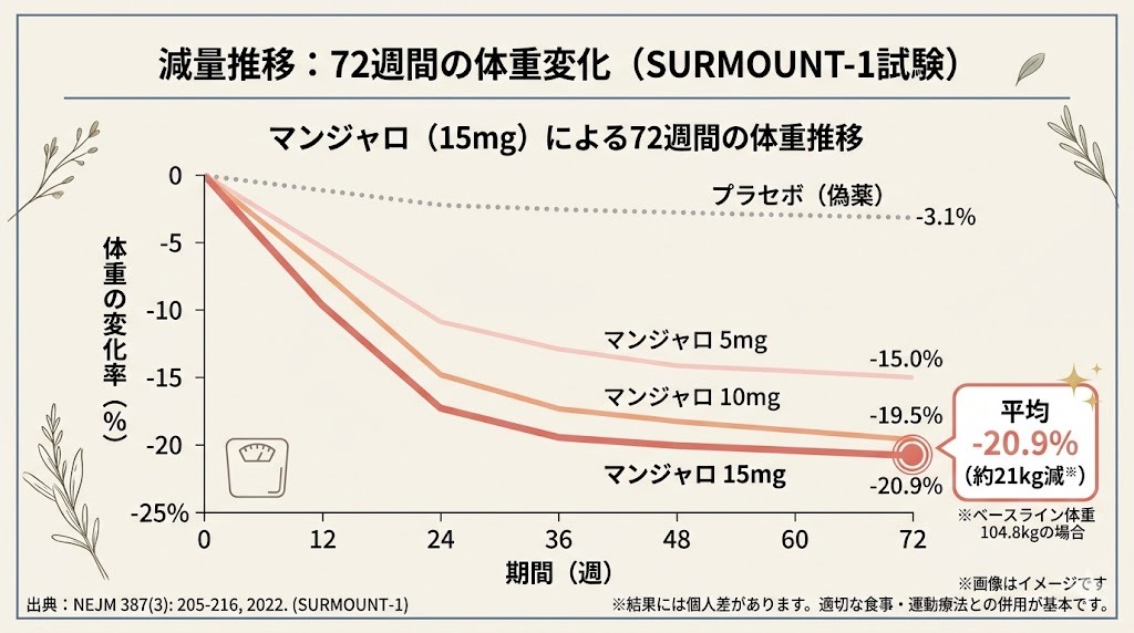 マンジャロの臨床試験（SURMOUNT-1）における72週間の体重変化グラフ。15mg投与群で平均20.9%（約21kg）の減量効果を示しており、プラセボ群と比較して大幅な減少が見られることを示す折れ線グラフ。