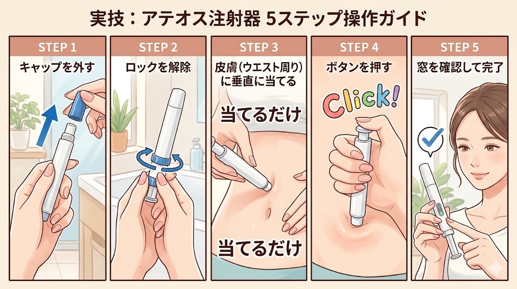 アテオス注射器の使い方の解説図。お腹（ウエスト周り）へ垂直に当ててボタンを押す手順を詳しく示しており、最後に窓を確認して完了するまでの5つのステップをイラストで紹介しています。