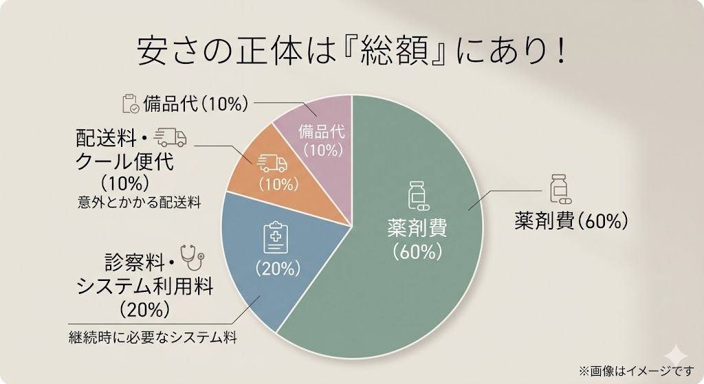 費用の構成を示す円グラフ。薬剤費60％、診察料・システム利用料20％、配送料・クール便代10％、備品代10％の内訳。