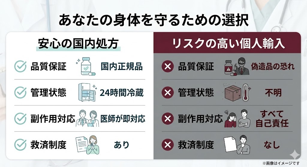 国内処方と個人輸入の比較表。品質保証、管理状態、副作用対応、救済制度の4項目において、国内処方の安全性と個人輸入のリスクを対比させた図解。