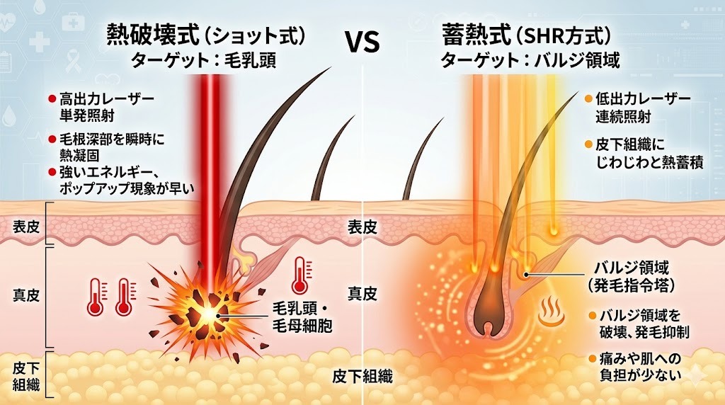 alt=熱破壊式と蓄熱式の違いを図解。レーザーが作用する毛根の仕組み(毛乳頭とバルジ領域)の比較